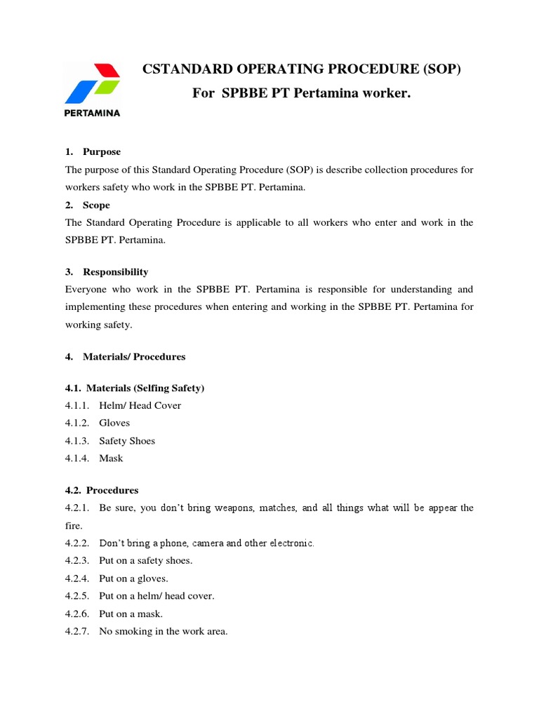 Cstandard Operating Procedure (Sop) For SPBBE PT Pertamina Worker | PDF