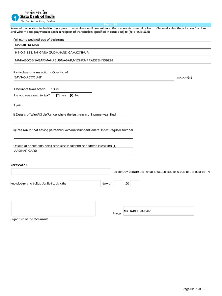Form 60 Declaration for Bank Transactions | PDF | Cheque | Identity ...