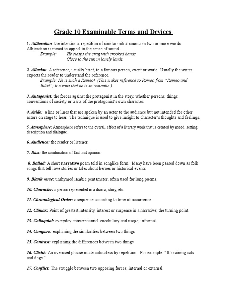 Grade 10 Exam Terms PDF Irony Poetry