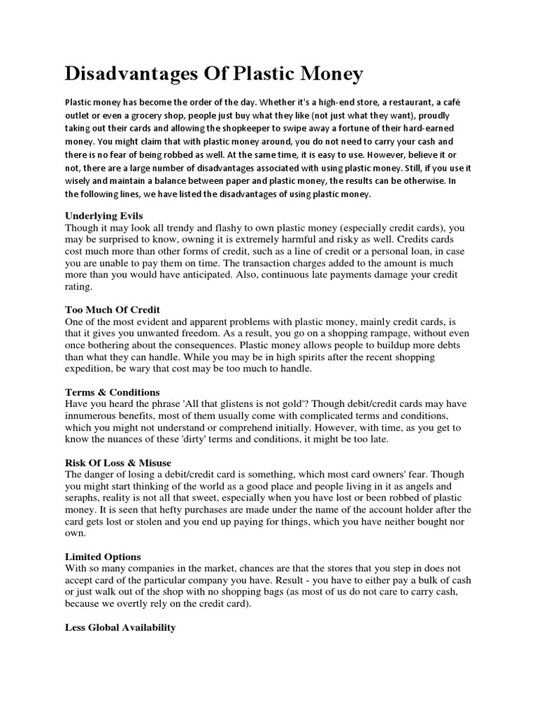 Disadvantages of Plastic Money PDF Debit Card Gift Card