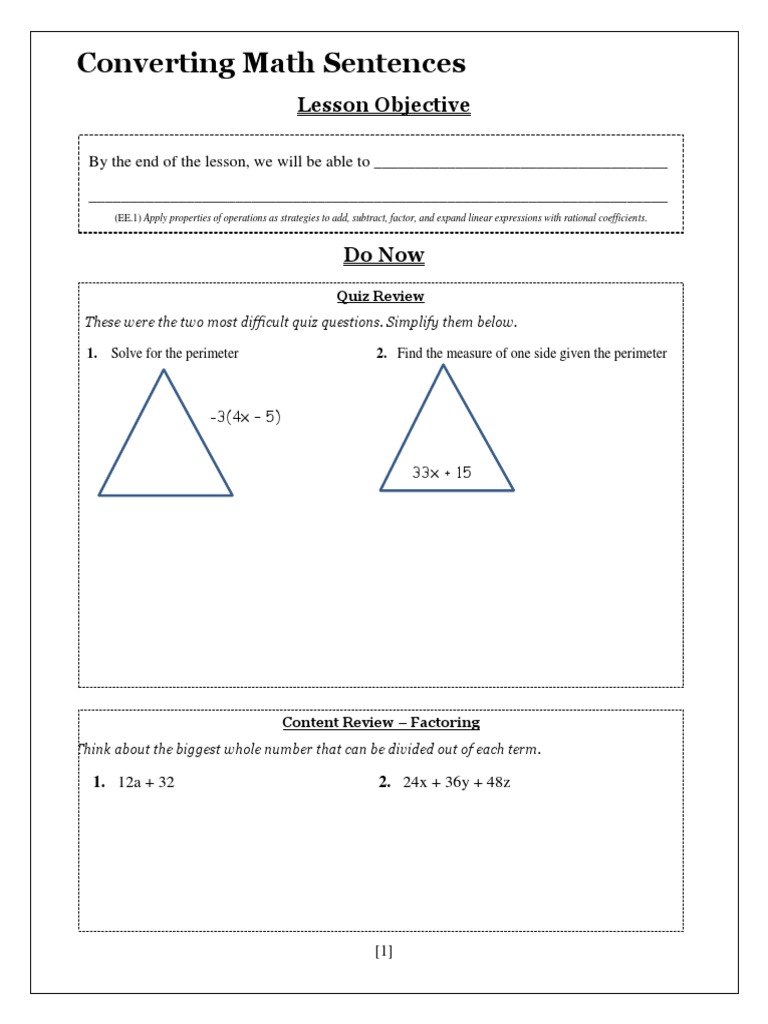 Converting Math Sentences: Lesson Objective