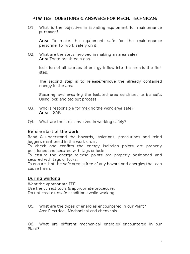 PTW Test Questions & Answers For Mech. Technican | PDF | Nature | Science
