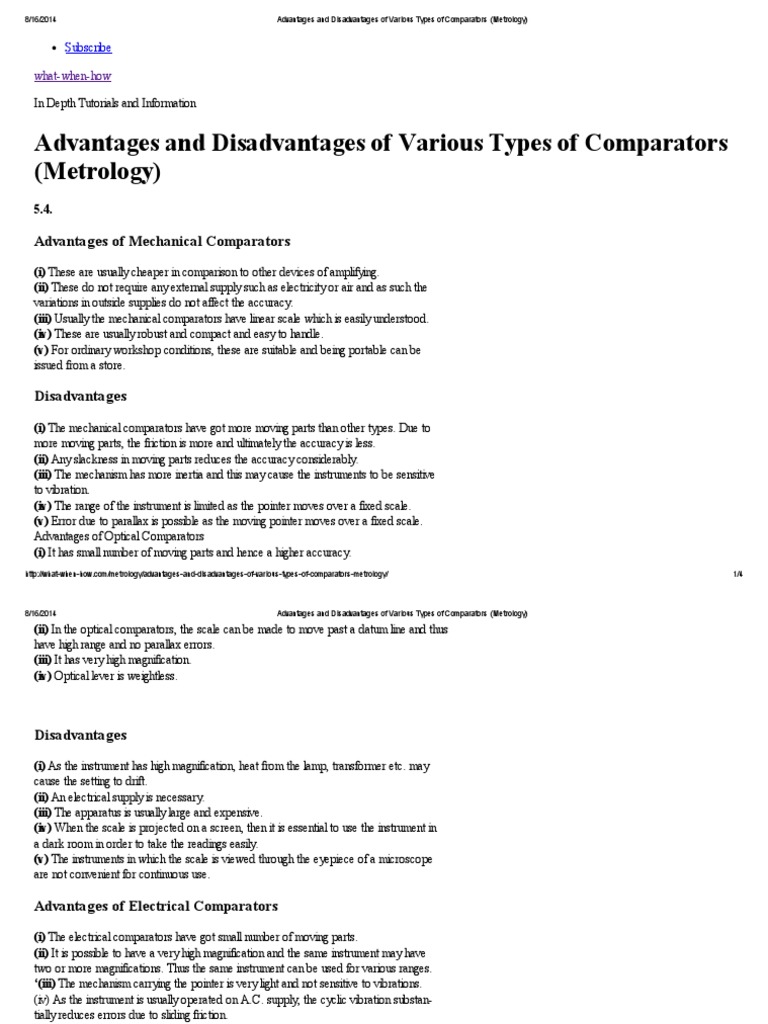 Advantages and Disadvantages of Various Types of Comparators (Metrology