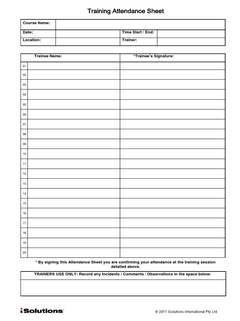 Training Attendance Sheet: © 2011 Isolutions International Pty LTD ...