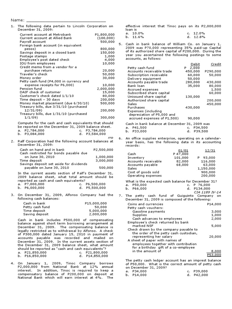 Accounting_1st Quiz Cash and Cash Equivalent 2011 Cheque Deposit