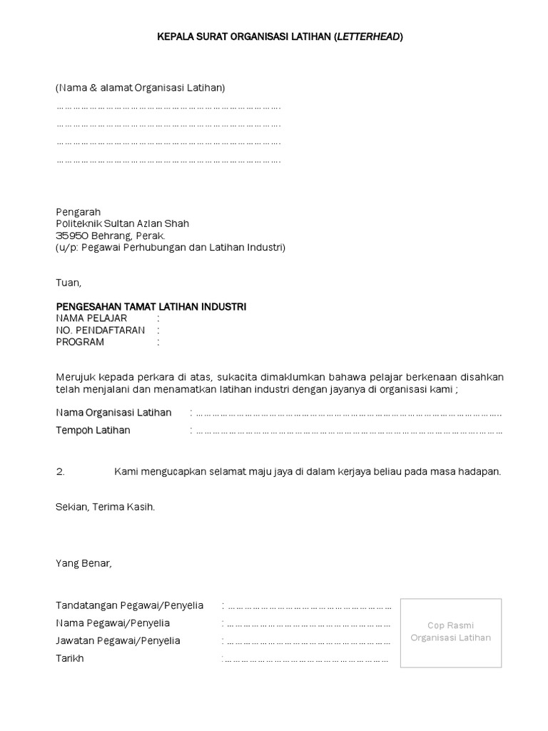 Contoh Format Surat Pengesahan Tamat Li Pengarah Psas