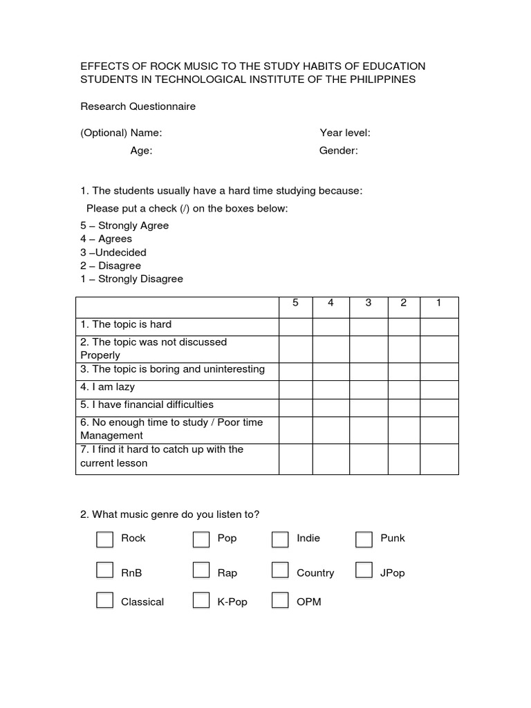 Questionnaire | PDF | Rock Music | Questionnaire