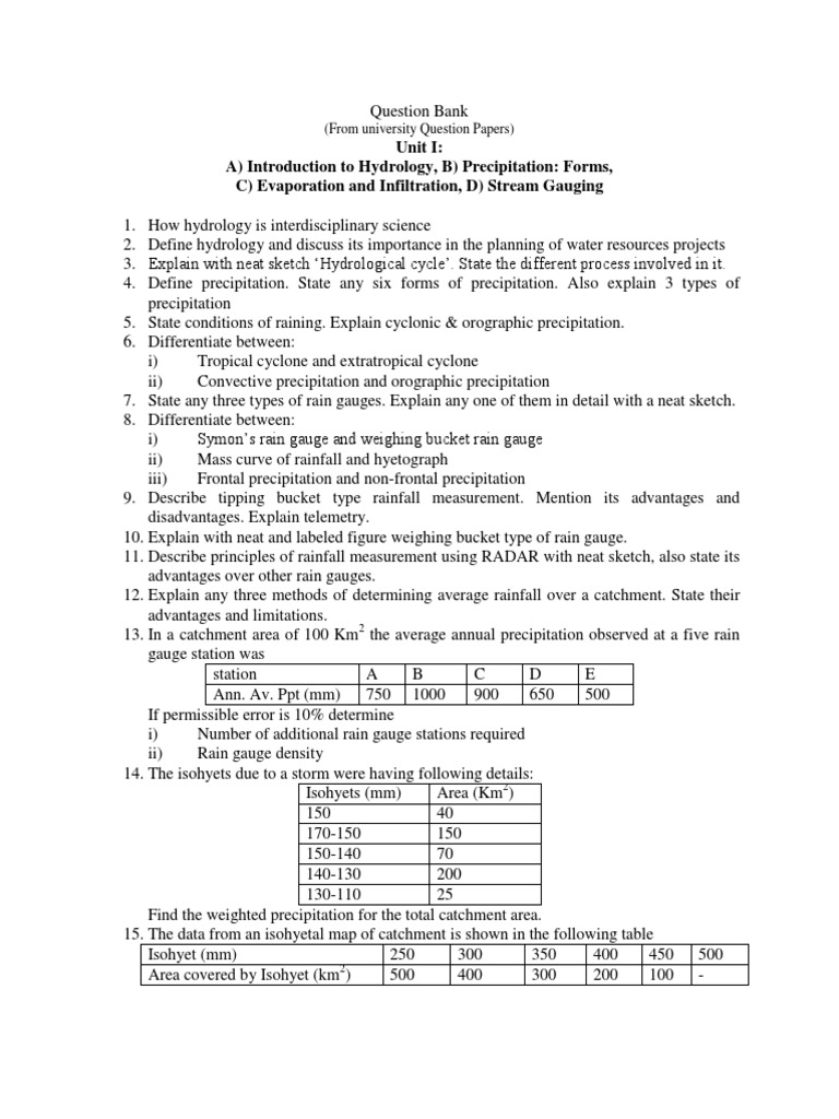 Hydrology Question Bank Overview | PDF | Precipitation | Rain