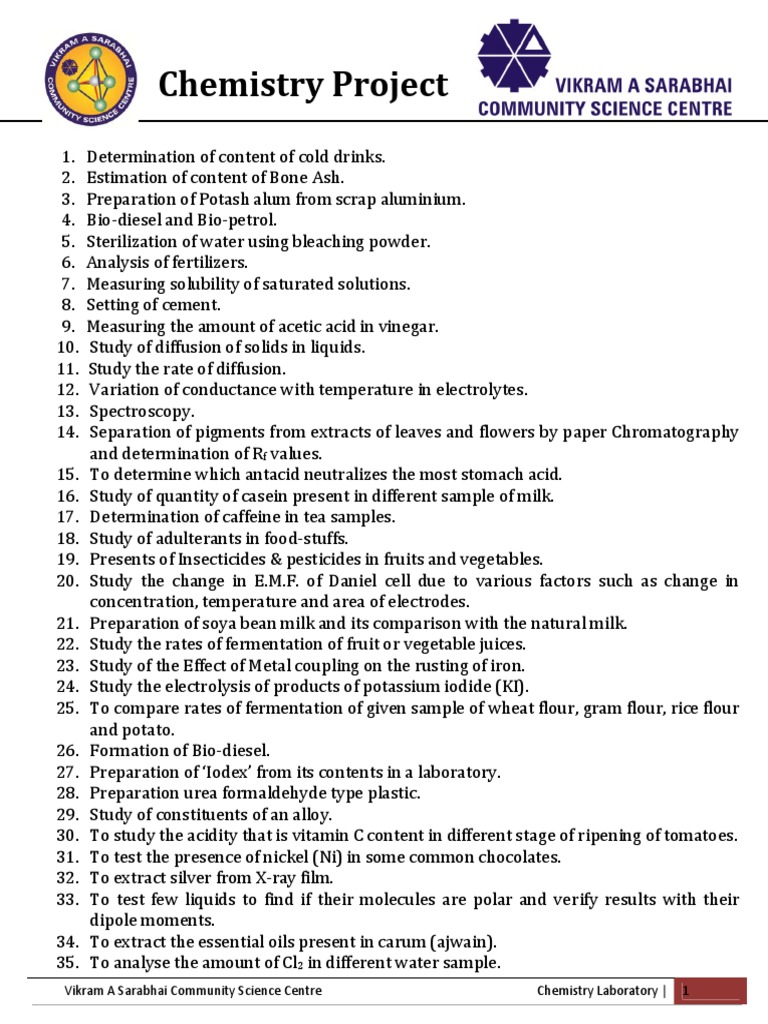 Chemistry Project Ideas and Activities | PDF | Solution | Chemical ...