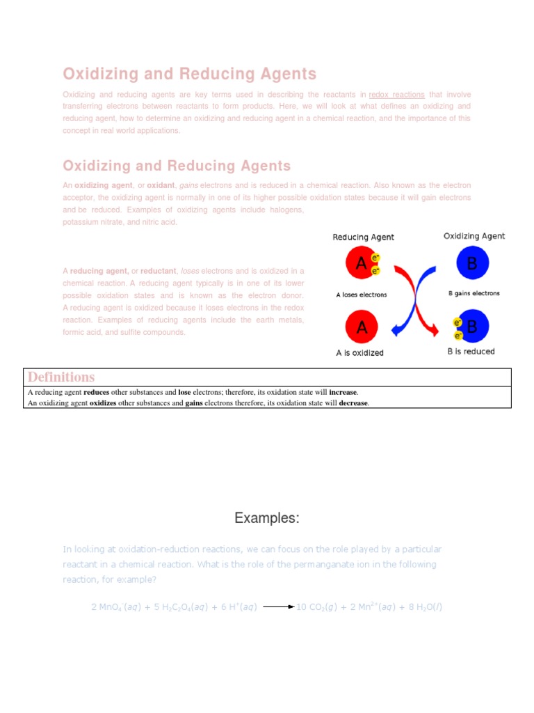 Oxidizing and Reducing Agents Explained | PDF