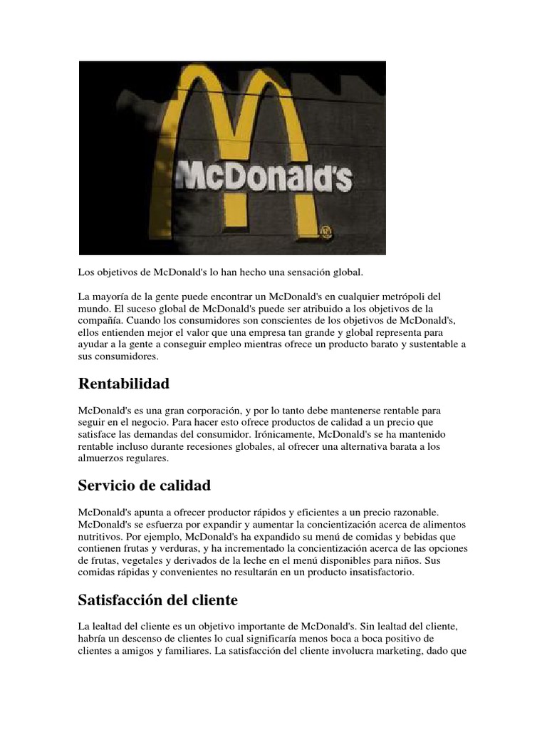 Los Objetivos de McDonald Mc Donald's Calidad Prueba