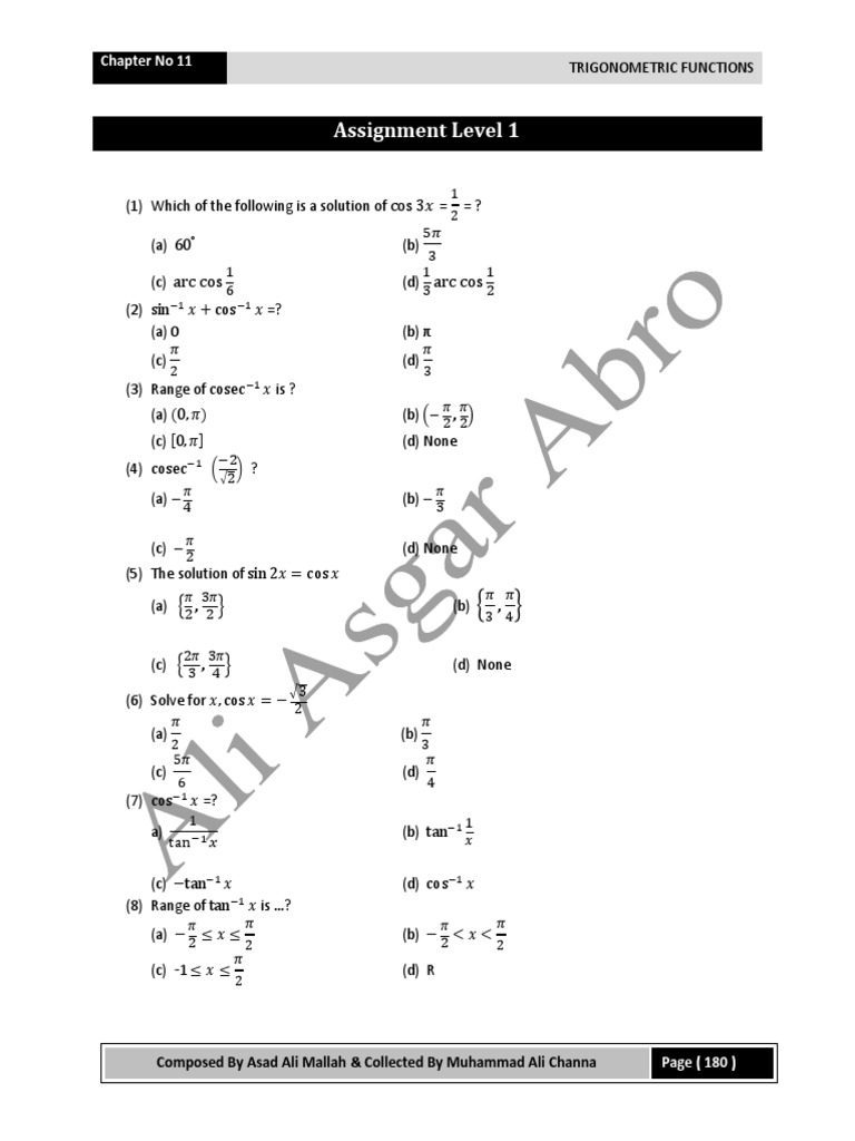 Class 11 Trigonometry MCQs | PDF | Sine | Special Functions