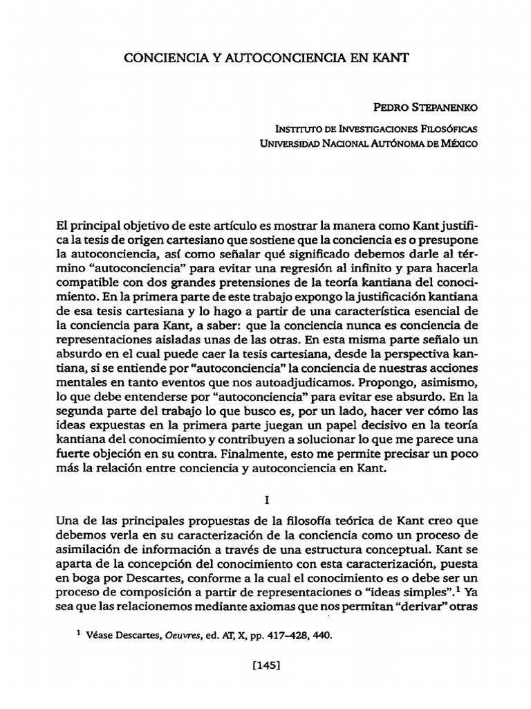 Conciencia y Autoconciencia en Kant - Pedro Stepanenko PDF | PDF ...