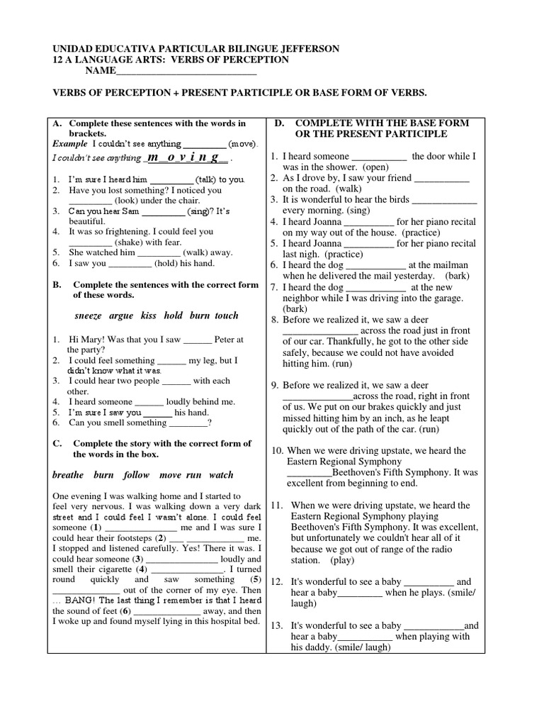 Verb of Perception With Base Form and Present Participle Homework 2 ...