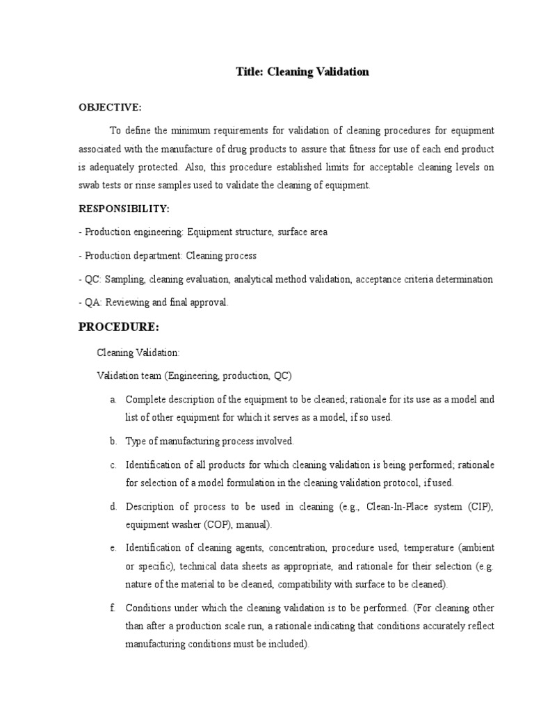 Cleaning Validation SOP PDF Verification And Validation Dose