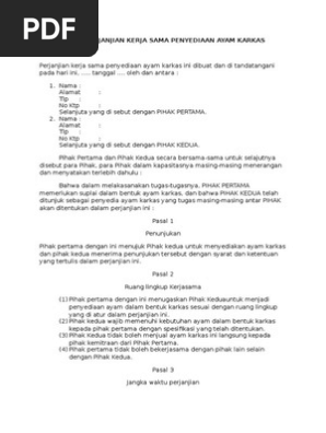 Contoh Surat Perjanjian Kerjasama Usaha Peternakan Ayam  