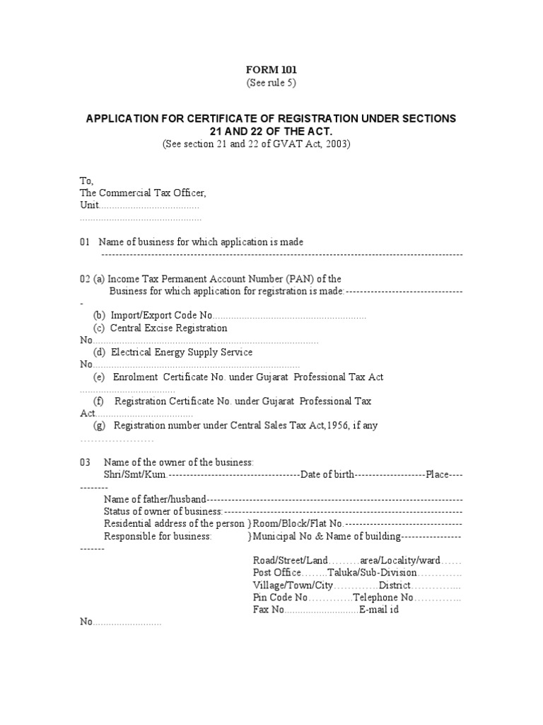 Form 101 (See Rule 5) Application For Certificate of Registration | PDF ...