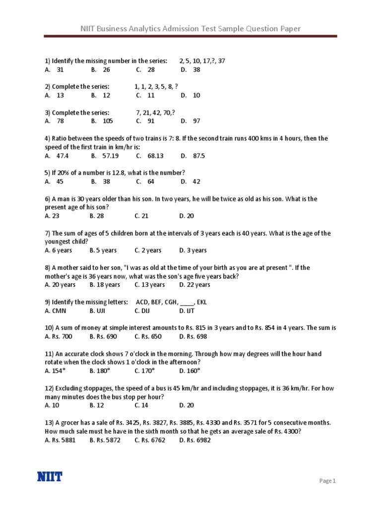 PGCBA Admission Test Sample Question Paper Business