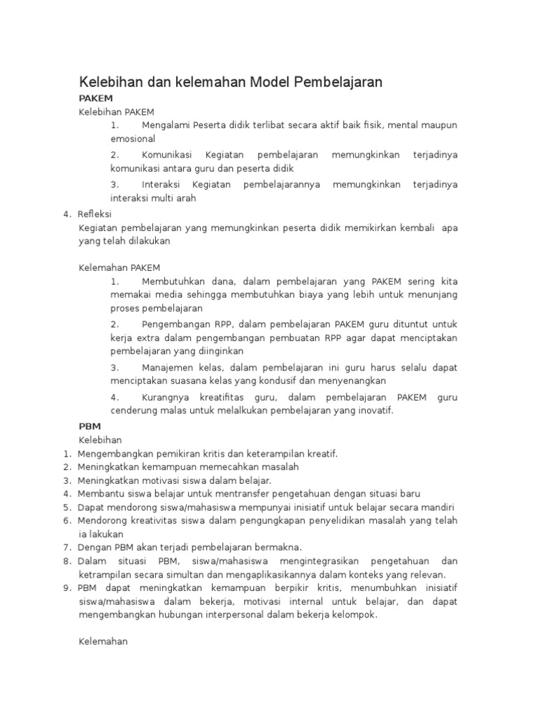 Kelebihan dan Kekurangan Model Pembelajaran | PDF | Karier & Perkembangan