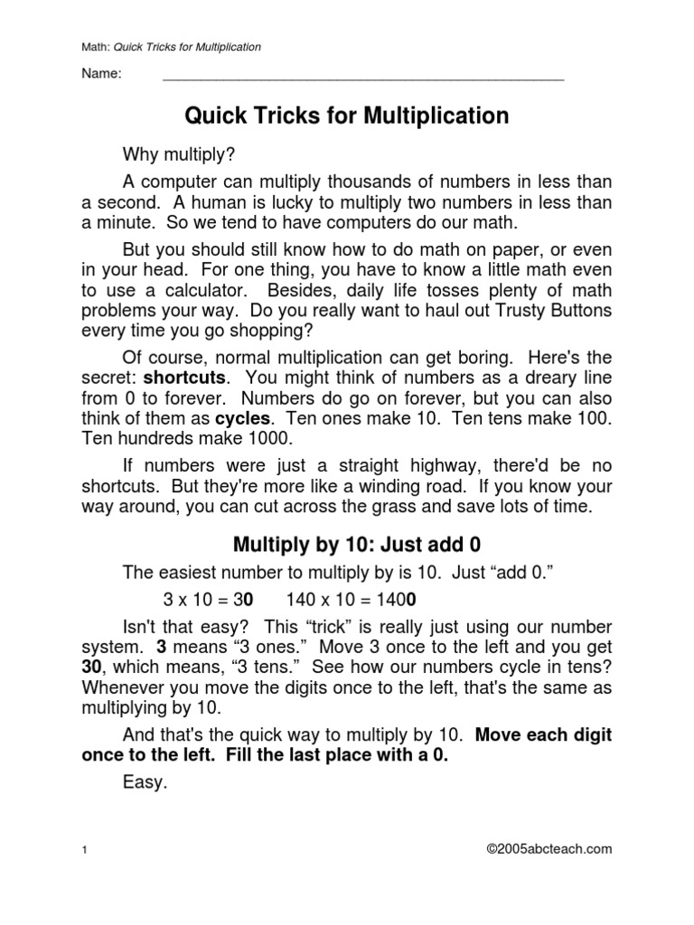 Math: Quick Tricks For Multiplication | PDF | Multiplication | Numbers