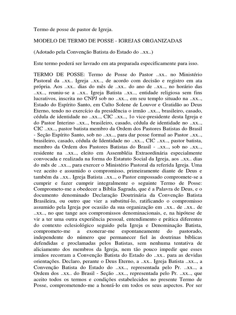Termo de posse de pastor de Igreja.pdf Batistas Igreja cristã