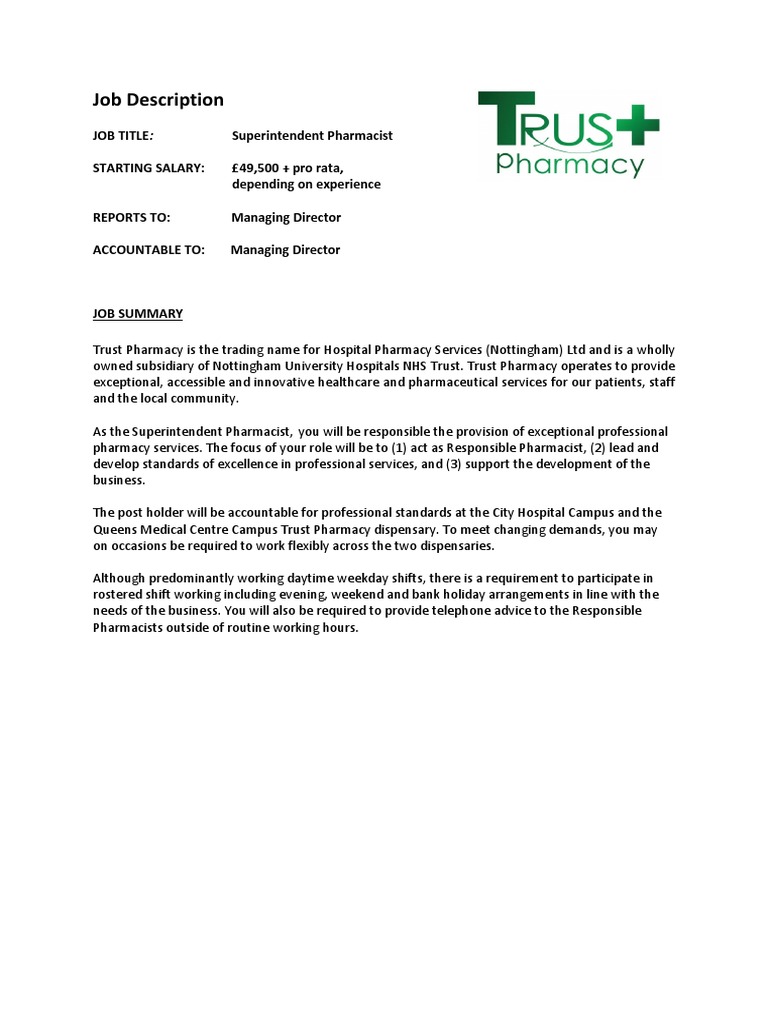 Superintendent Pharmacist Trust Pharmacy Job Description PDF