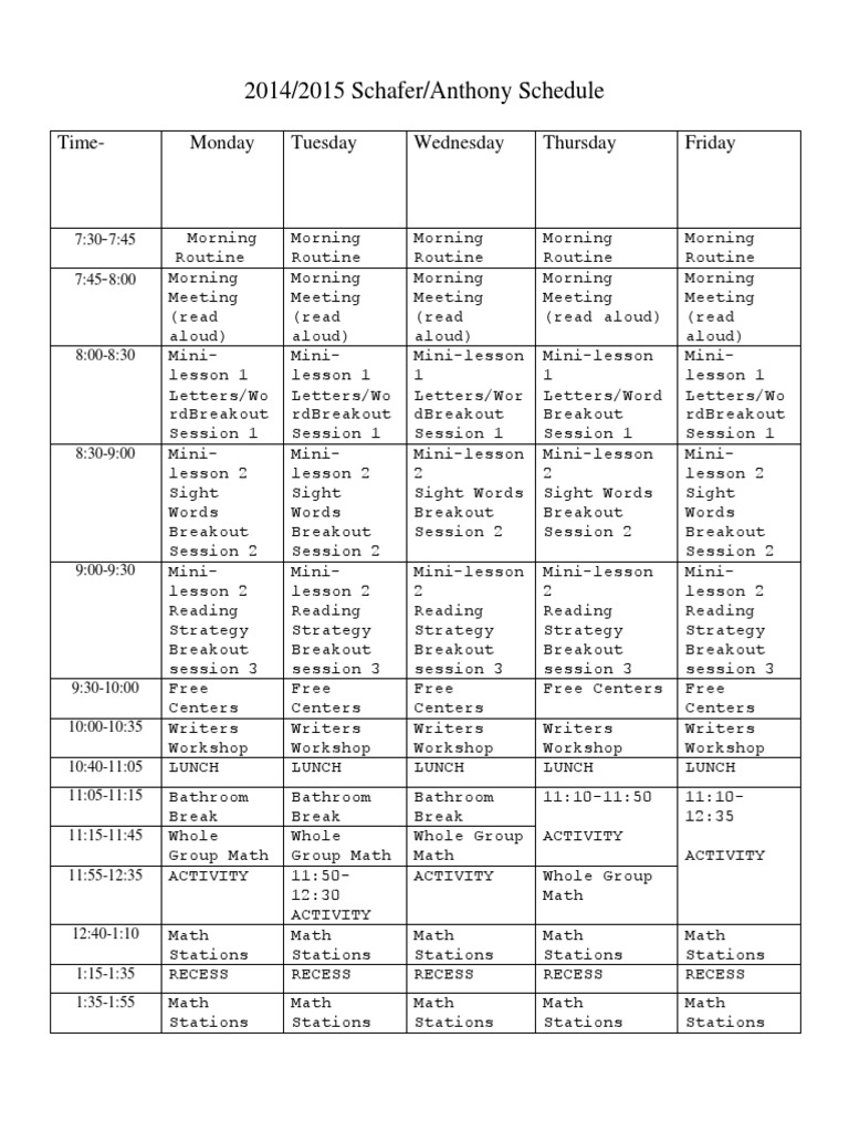 2014/2015 Schafer/Anthony Schedule: Time-Monday Tuesday Wednesday ...