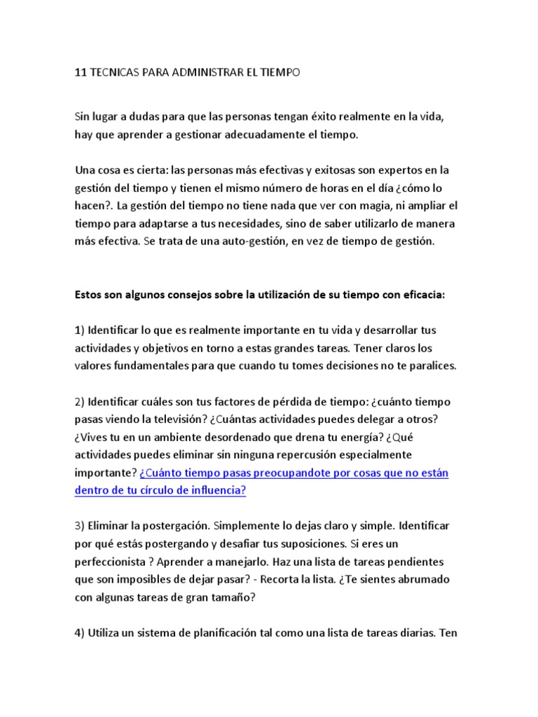 11 Tecnicas para Administrar El Tiempo | PDF | Toma de decisiones ...