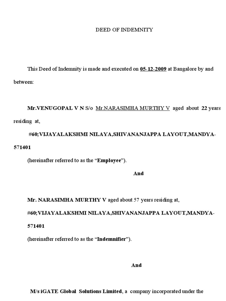 Deed of Indemnity PDF Indemnity Damages