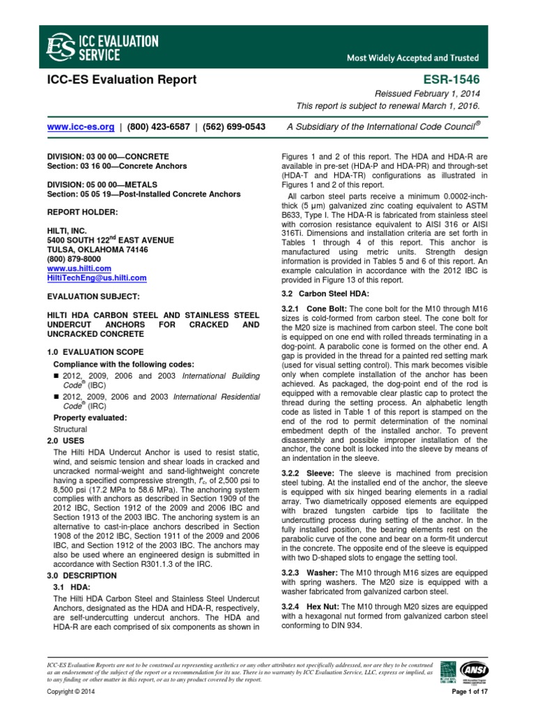 HDA Hilti Anchors Strength Of Materials Drill