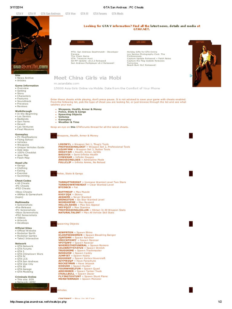 Gta San Andreas Pc Cheats Pdf Video Game Gameplay Video Games
