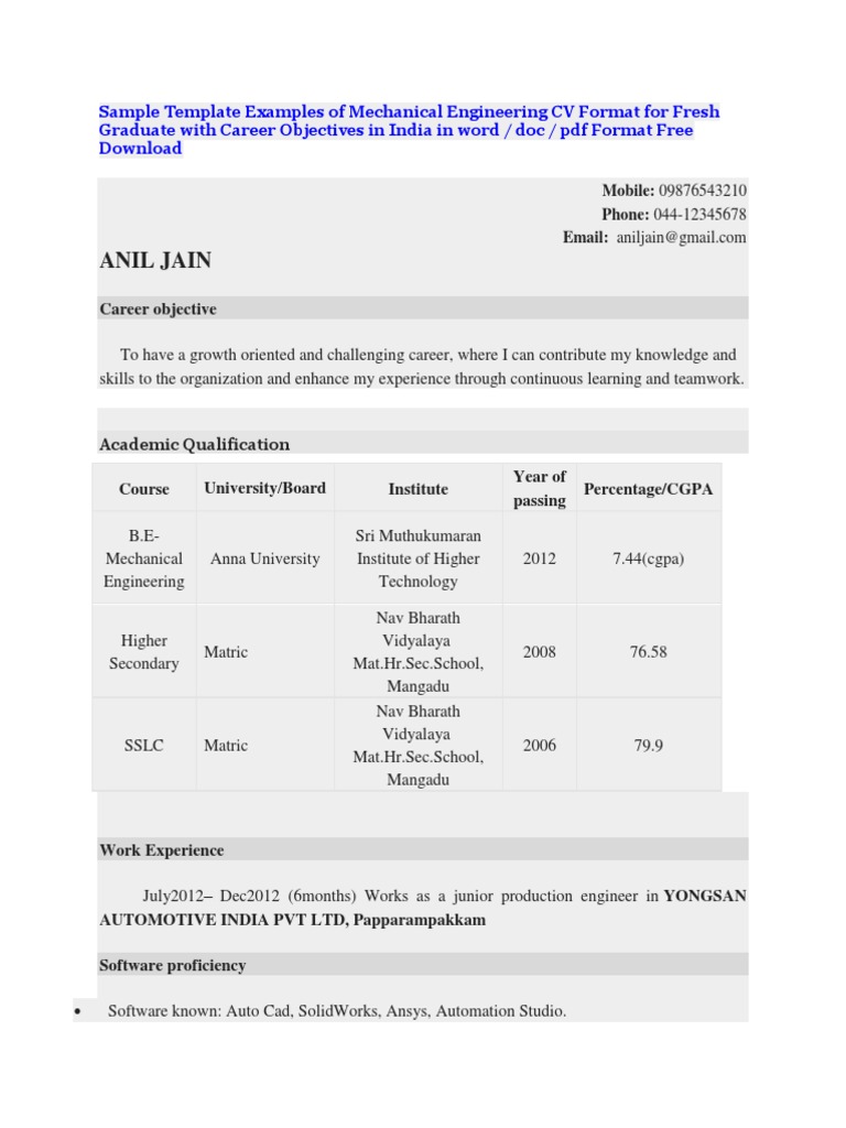Fresh Mechanical Engineer CV Template | PDF | Engineering | Science And ...