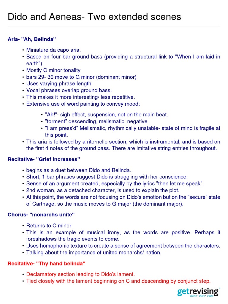 Dido And Aeneas Key Musical Scenes Pdf Aria Music Theory