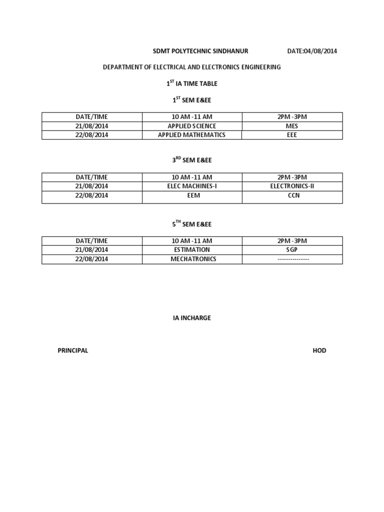 E&EE 1st IA Time Table 2014 | PDF | Technology & Engineering