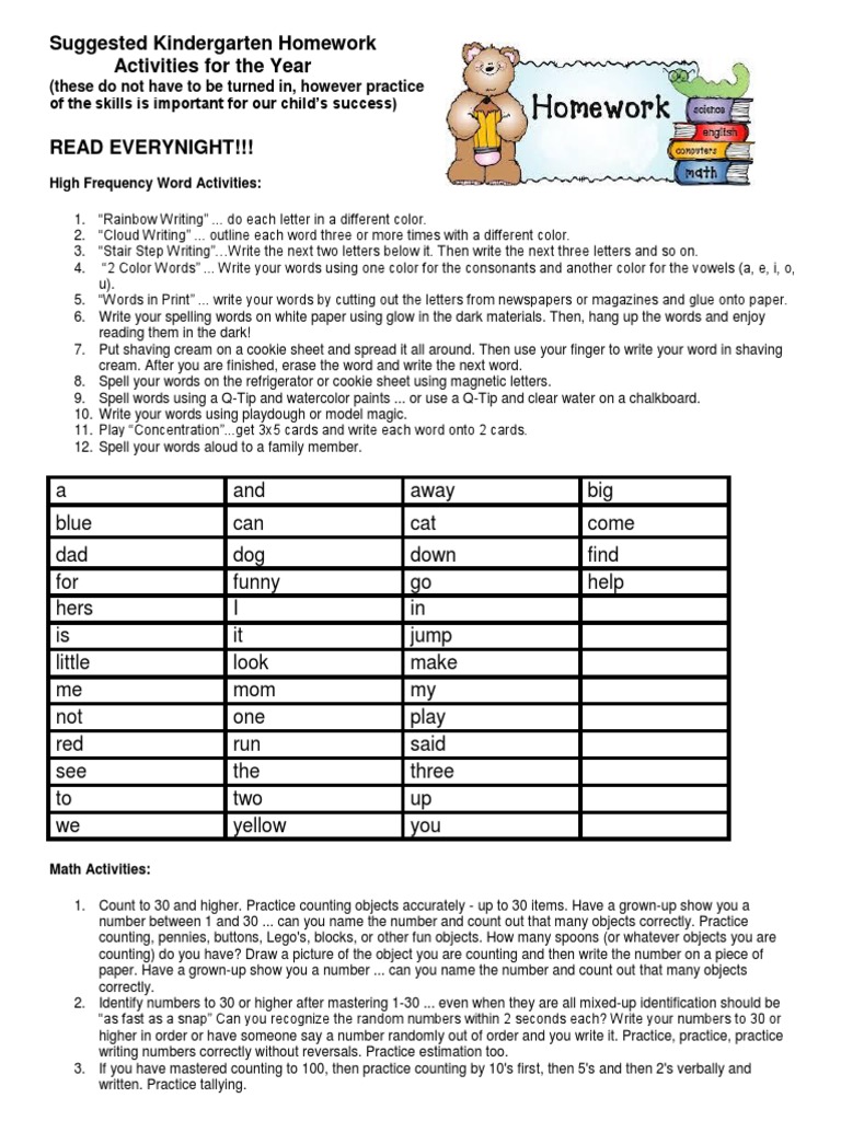 Kindergarten HW Activities 20142015 PDF Books Writing