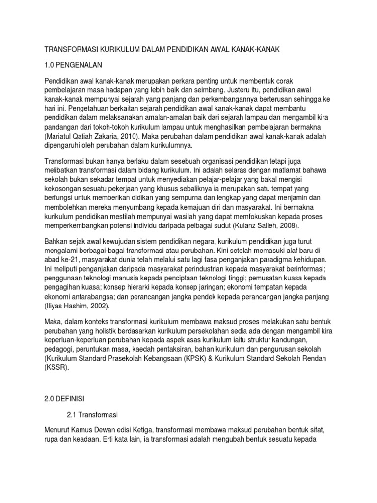 Transformasi Kurikulum Dalam Pendidikan Awal Kanak Pdf