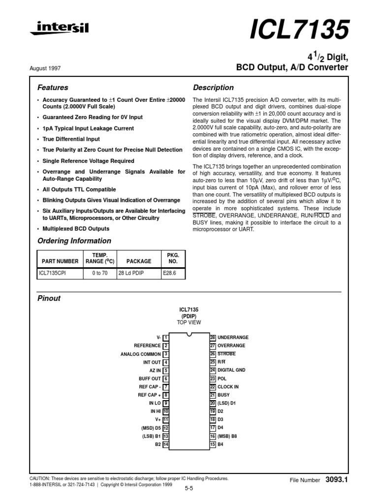DATASHEET ICL7135 | Capacitor | Analog To Digital Converter