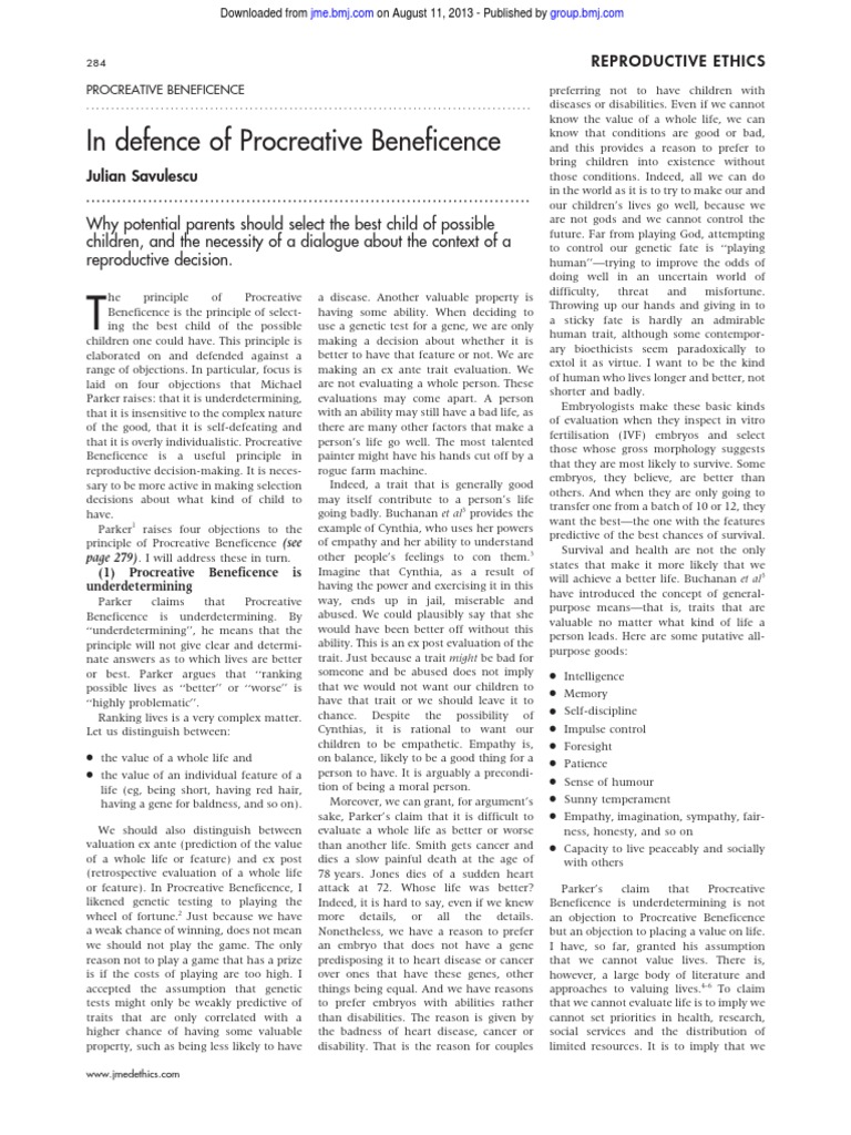 Julian Savulescu in Defence of Procreative Beneficence PDF In