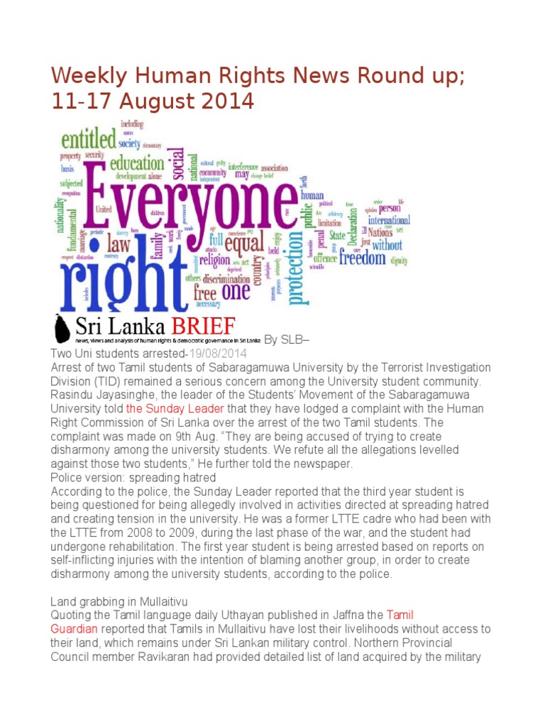 Weekly Human Rights Update: Aug 11-17, 2014 | PDF | Sri Lanka