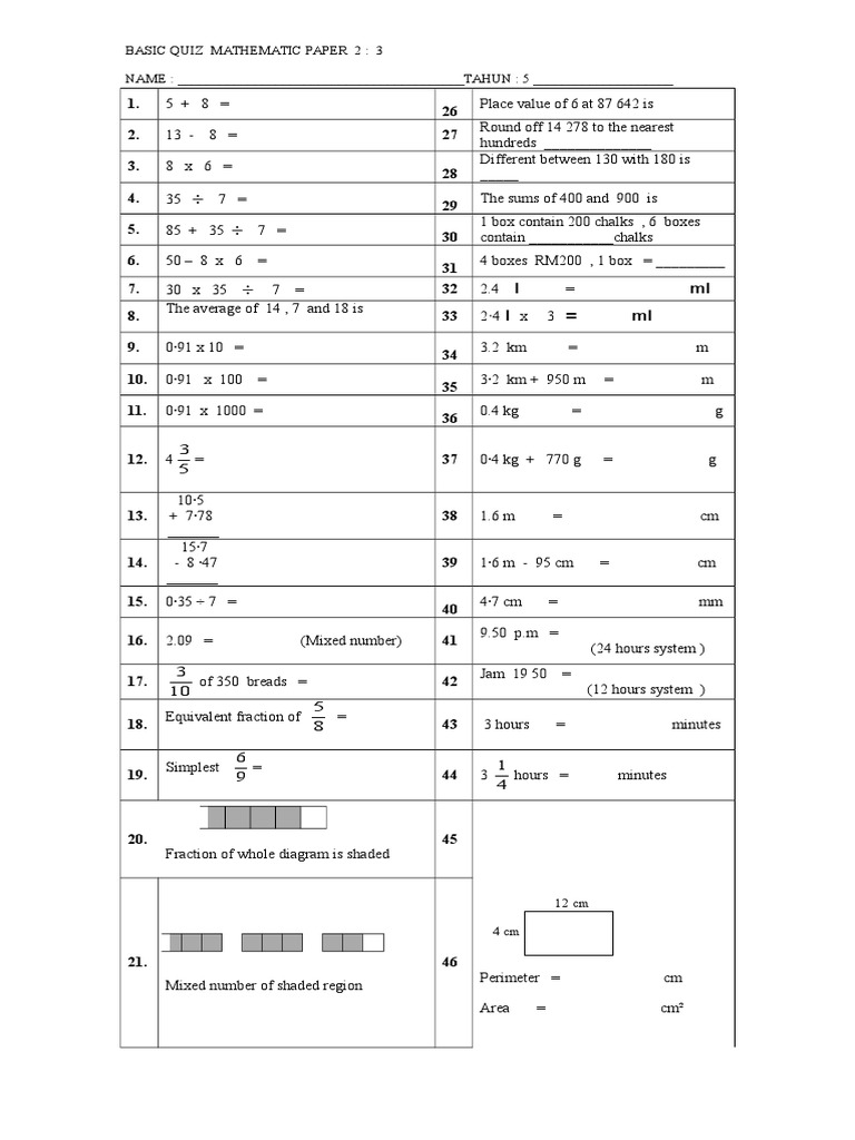 Basic Quiz Mathematic Paper 2: 3 NAME: - TAHUN: 5 | PDF | Teaching ...