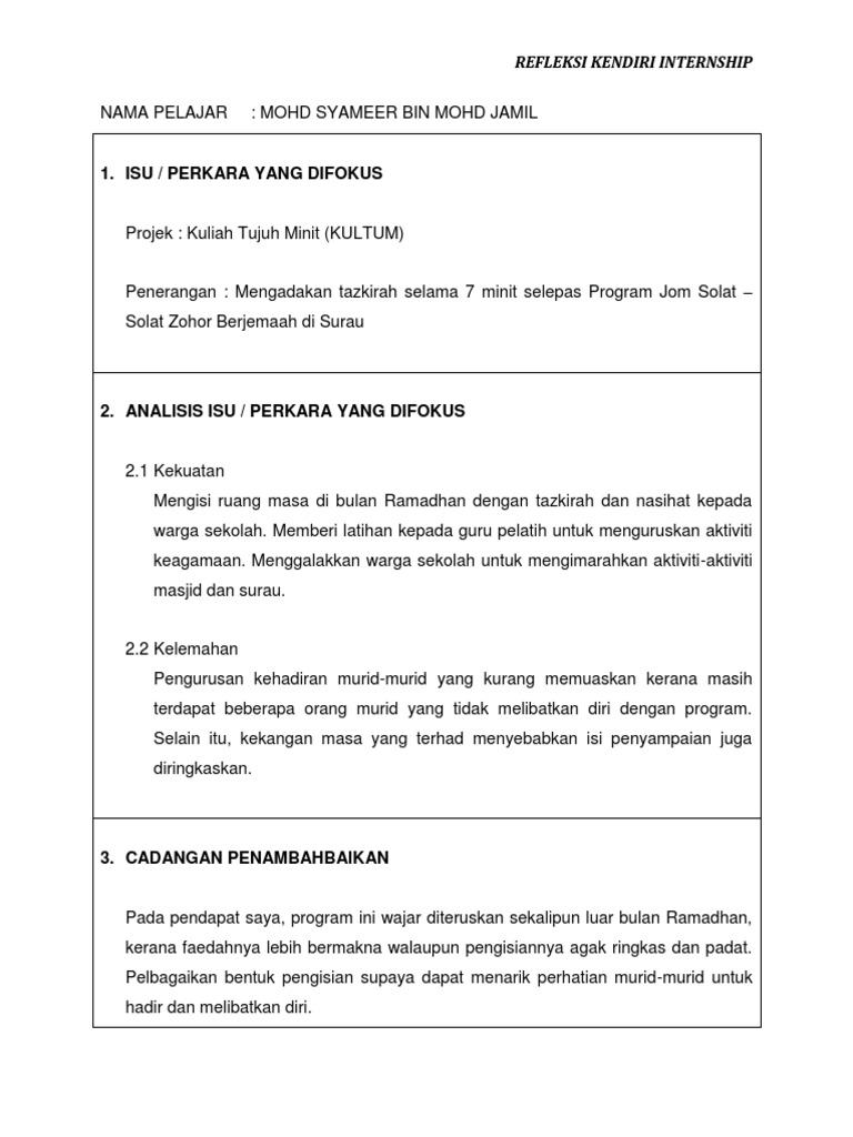 Refleksi Kendiri Internship Pdf