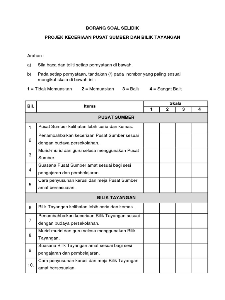 Contoh Borang Soal Selidik Tadika