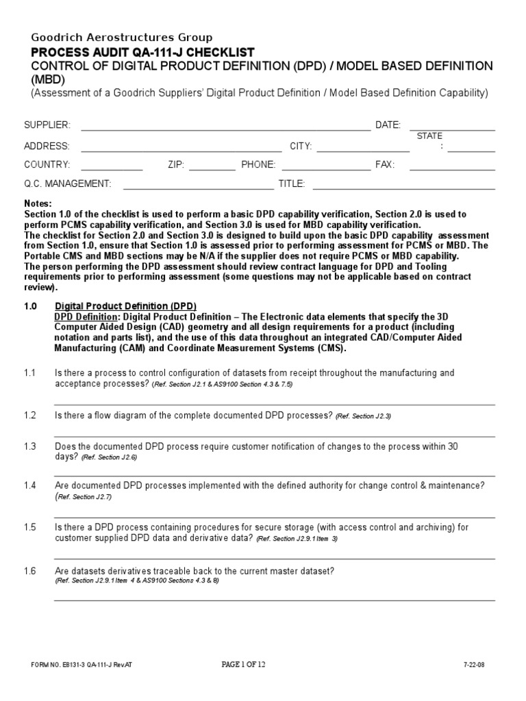 QA111J Audit Checklist Control of Digital Product Definition and