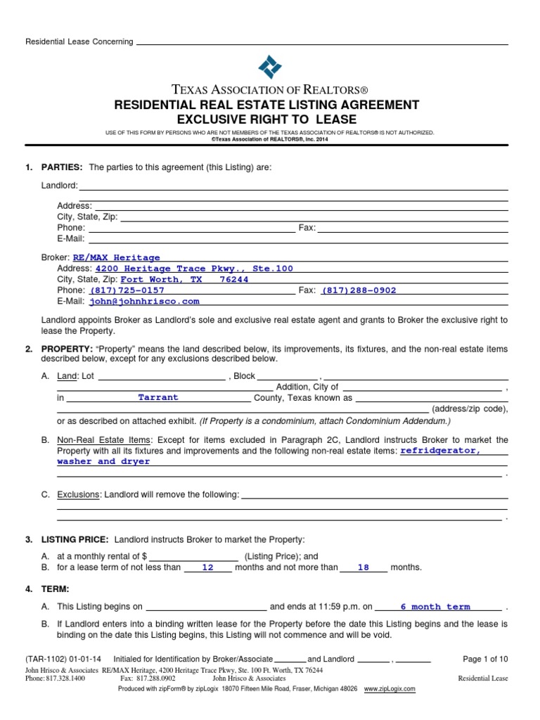 Residential Real Estate Listing Agreement Exclusive Right