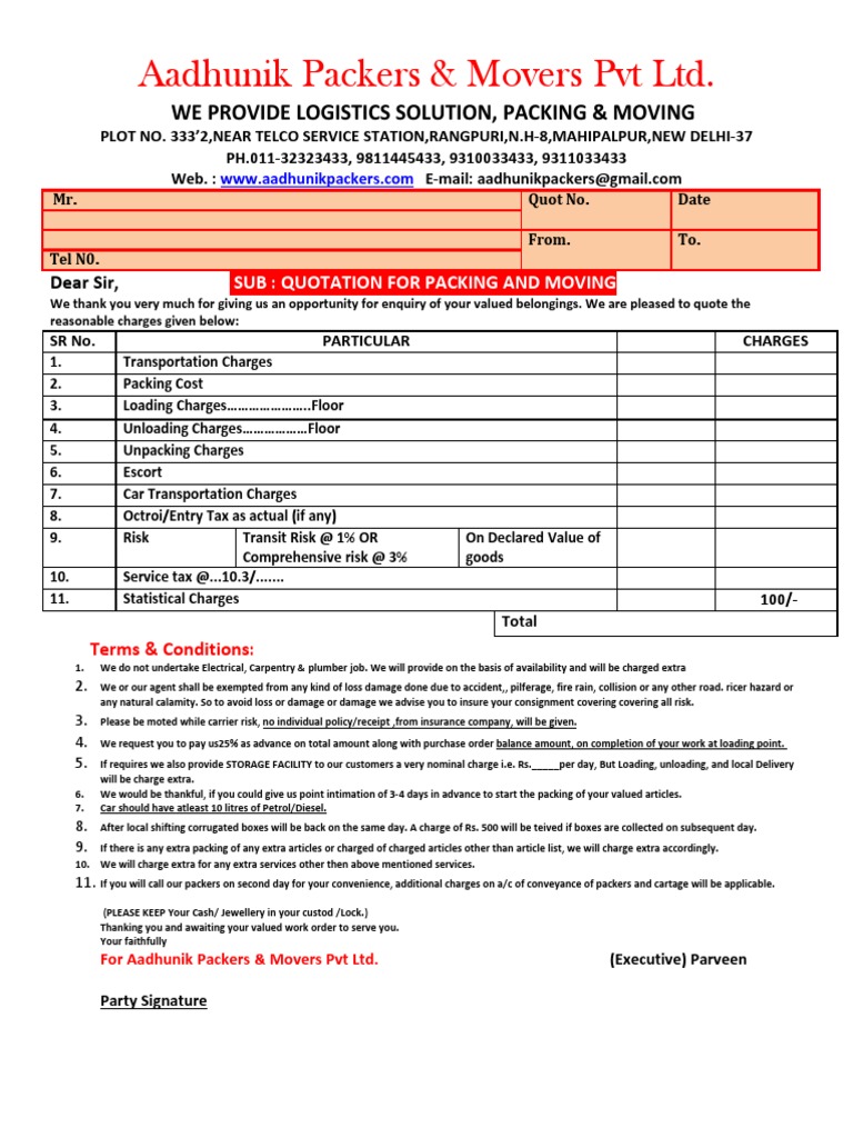 Aadhunik Packers & Movers Quotation | PDF | Business