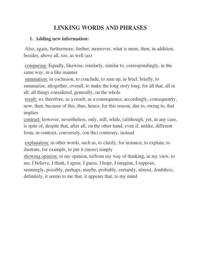 Linking Words and Phrases Guide | PDF | Language Arts & Discipline ...