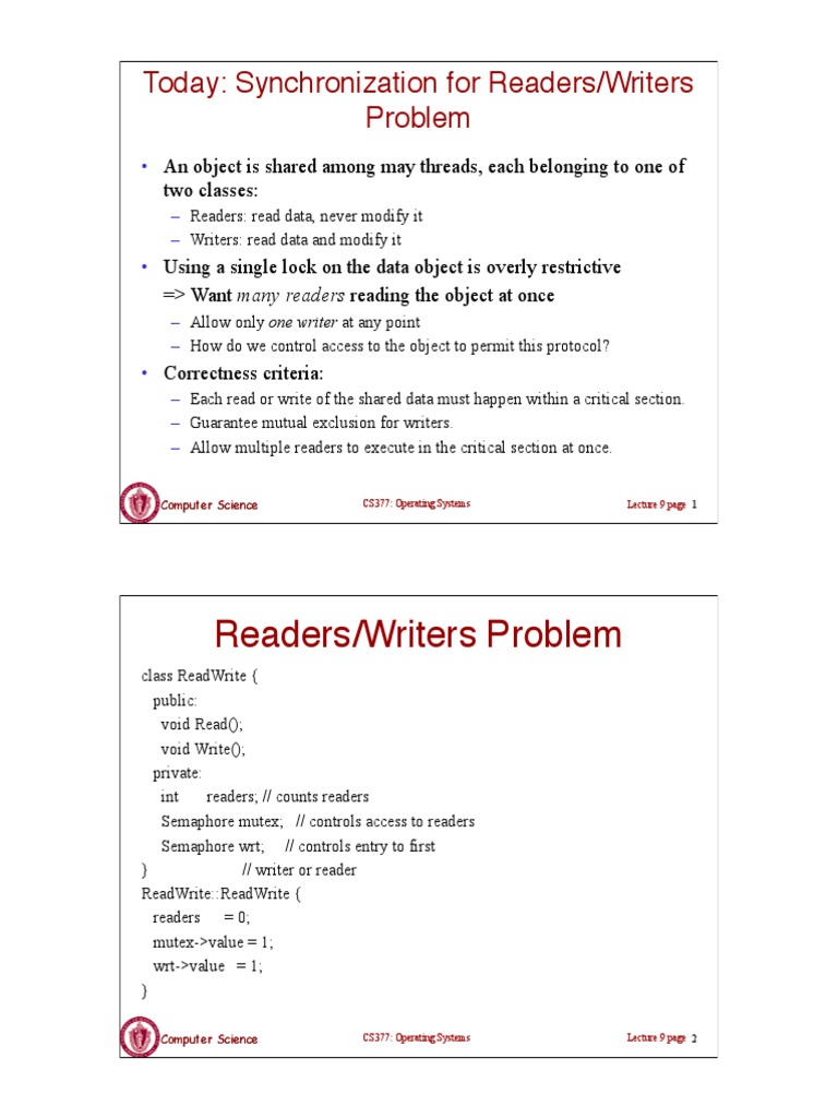 Today: Synchronization For Readers/Writers Problem | PDF | Operating ...