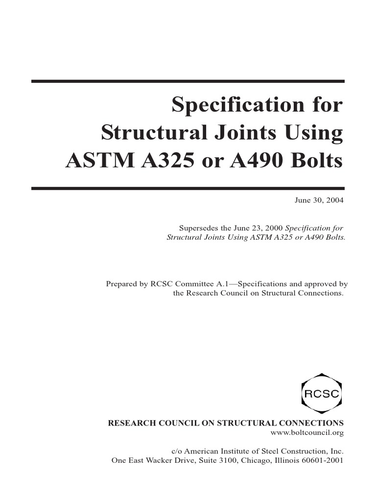 Specification For Structural Joints Using ASTM A325 or A490 Bolts Index