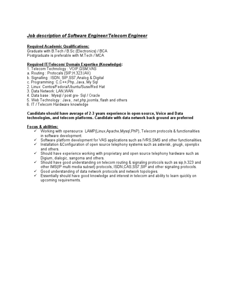 Software Engineer/Telecom Engineer Job Description | PDF