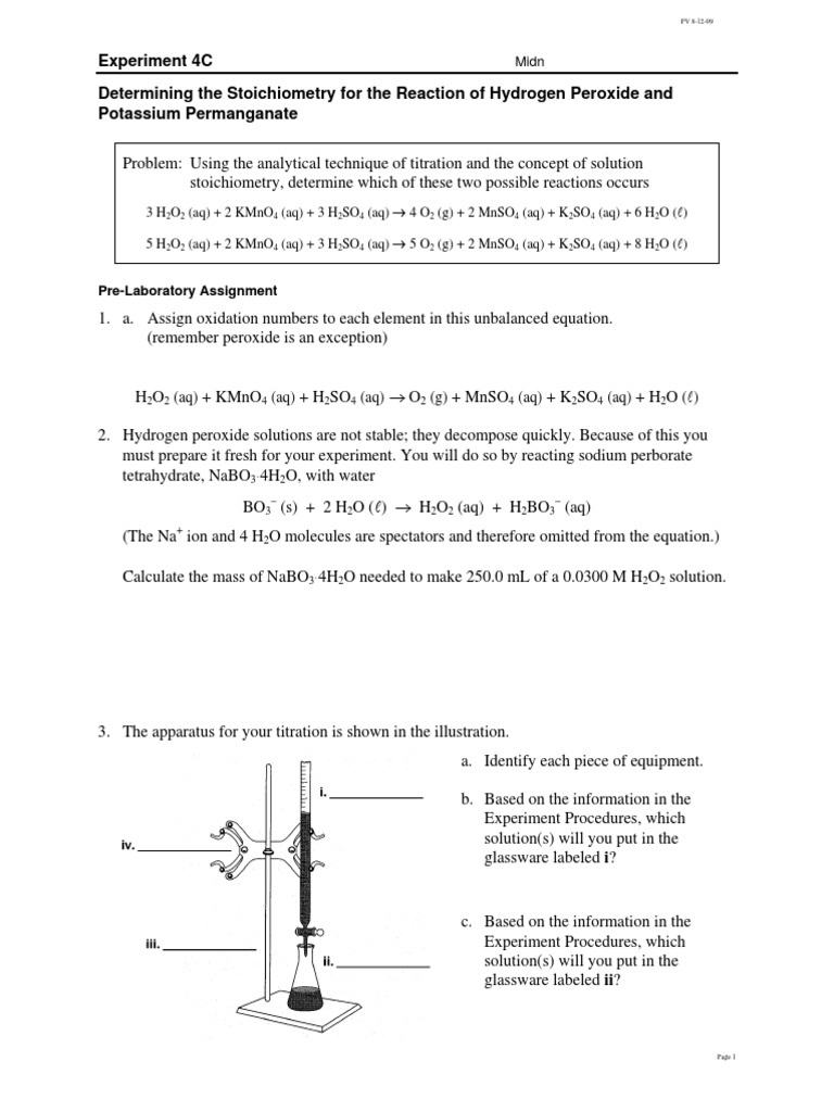 Experiment 4C Determining The Stoichiometry For The Reaction of Hydrogen Peroxide and Potassium